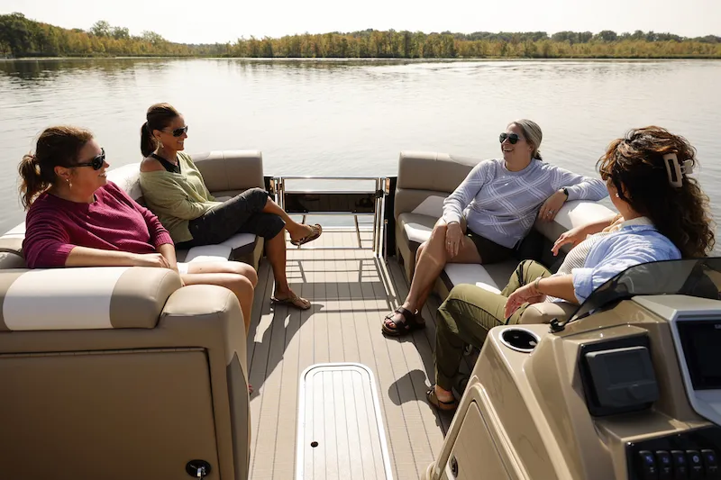 V24 electric pontoon boat with a modern, stylish interior designed for comfort